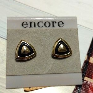 Silvertone triangle earrings with black accent.